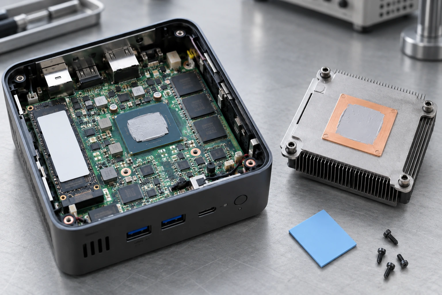 Application illustration of an electronic module, heat sink and thermal-interface materials